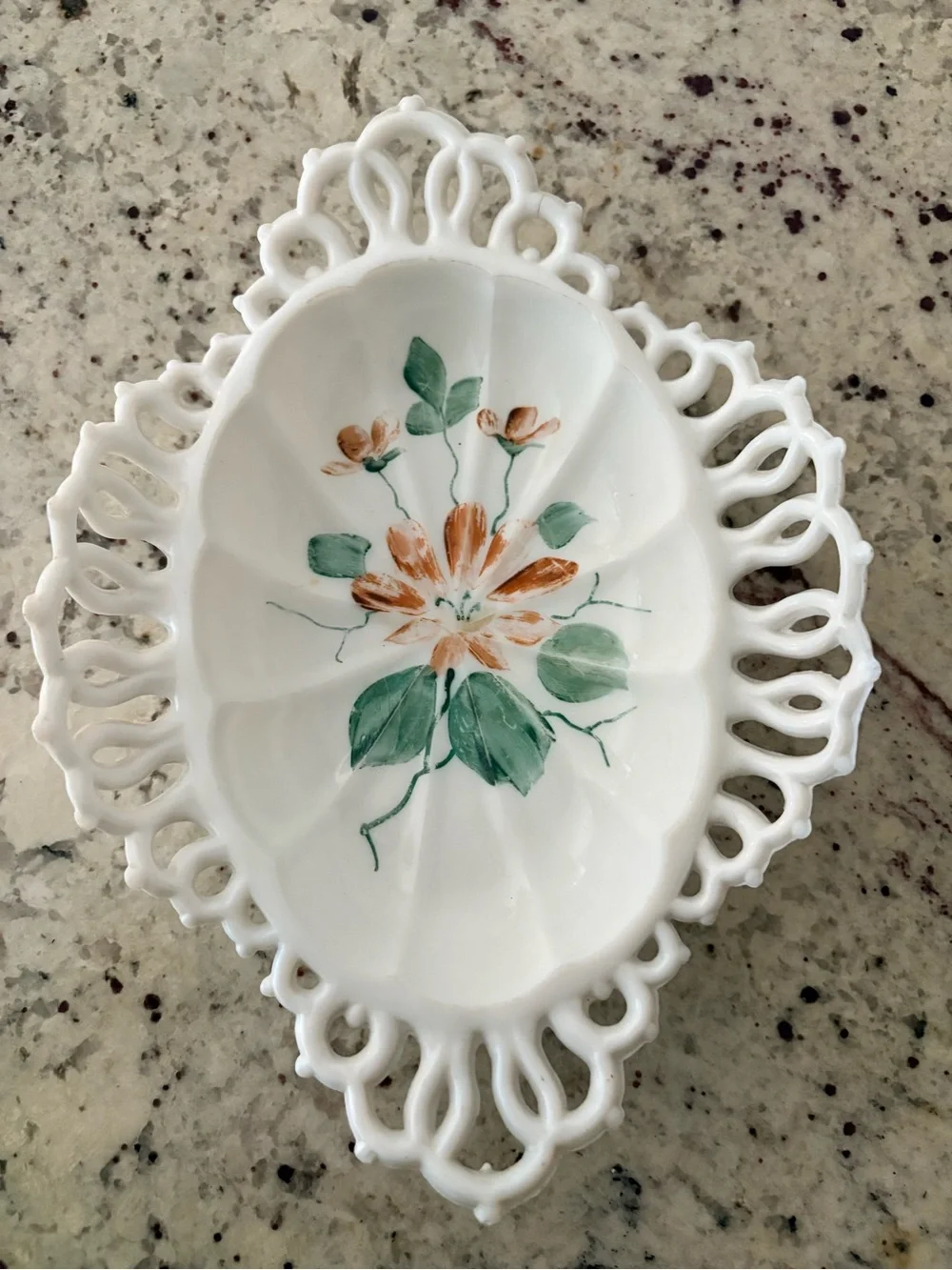 Antique EAPG Milk Glass Floral Openwork Bowl - White,Orange & Green